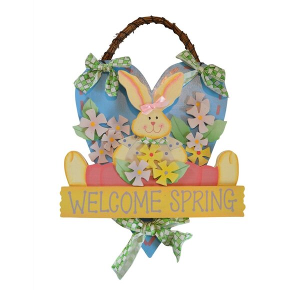 Vintage Wooden Welcome Spring Bunny Door Hanger Floral Accents Checkered Ribbon - Picture 1 of 5